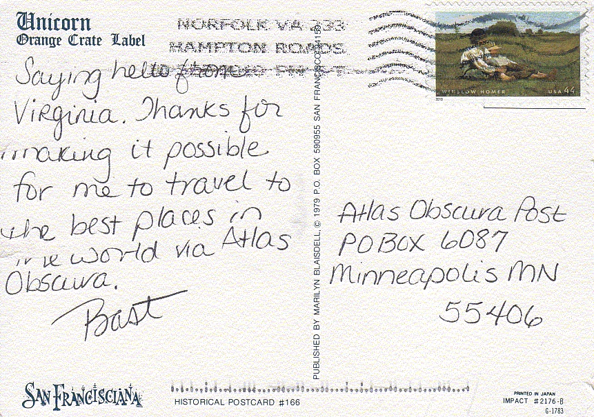 Unicorn Orange Crate Label Postcard - The Atlas Obscura Post Blog